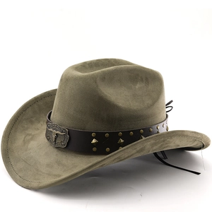 Western Cowboyhut Wildleder Filz Mit Kuhschädel Schnalle Metallnieten Lederband Breiter Krempe Retro Stil Männer Frauen