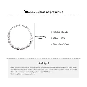 Detailed specs of silver metallic beaded necklace featuring alloy and ABS materials