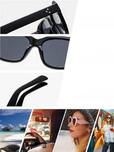 Detail of square sunglasses with classic rivets, nose pads, and lifestyle usage scenes