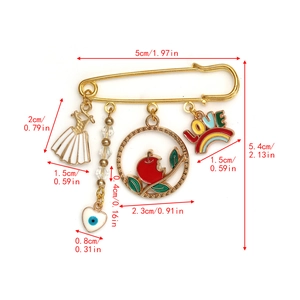 Detailed size specifications for gold Evil Eye brooch with colorful pendant charms