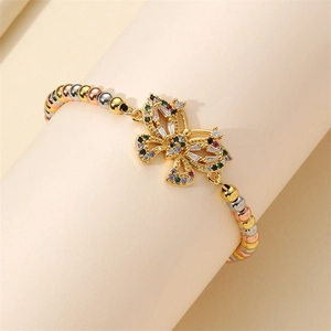 Micro-pave colorful zircon butterfly bracelet with tri-color metallic beads for women