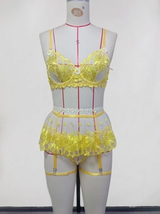 Detailed yellow lace lingerie set with sunflower embroidery on mesh fabric
