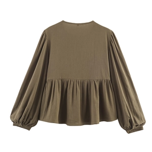 Chemisier décontracté pour femme vert olive à manches longues avec taille plissée élégante