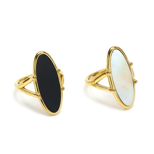 18K gold plated titanium steel rings with oval black onyx and white mother of pearl