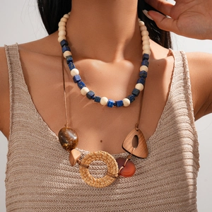 Collier Pendentif Bohème Pour Femmes Fait Main En Bois Rotin Résine Pierre Perles Vintage Style Ethnique Bijoux