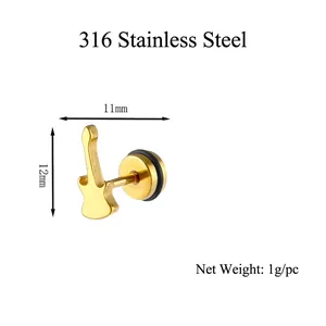 Golden guitar-shaped stainless steel stud earring with size 12x11mm measurements
