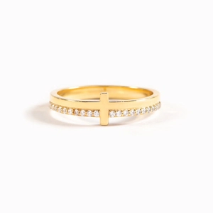 Elegant S925 silver gold cross ring with half-pave sparkling zircon stones for women