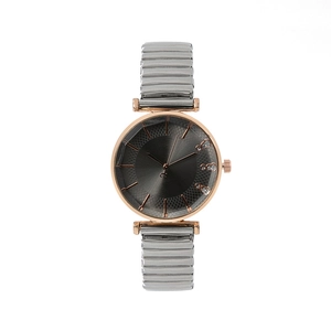Women's rose gold quartz watch with grey sunray dial and silver stretch metal band