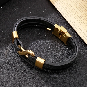 Multi-layer black leather woven bracelet with golden infinity symbol and metal clasp
