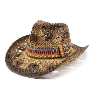 Straw western cowboy hat with colorful woven band and hollow-out pattern for sun protection