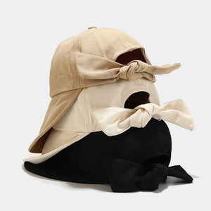 Women's summer sun hat with large back bow in khaki, beige, and black canvas colors