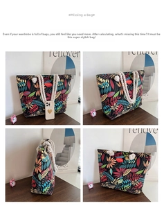 Detail of colorful leaf print canvas tote bag with thick cotton rope handles and large capacity