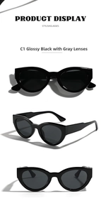 Three-view display of vintage cat-eye sunglasses with thick black frames and grey lenses