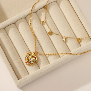 14K gold plated double layer necklace featuring colorful crystal heart and evil eye pendant