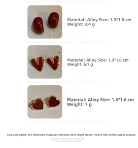 Detailed size and material specs for red enamel heart earrings in gold-plated alloy