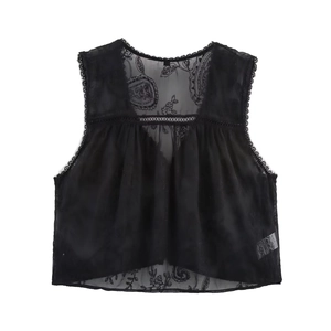 Damen Ärmellose V-Ausschnitt Spitzenbluse mit schwarzer Paisley-Stickerei und Tüll