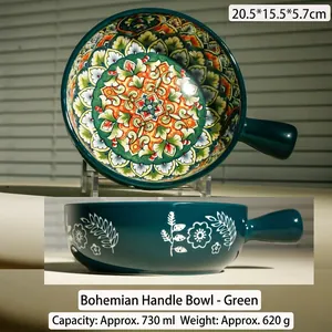 Ciotola in ceramica bohémien verde scuro con manico e motivo mandala colorato