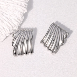 Minimalist silver fan-shaped stainless steel earrings with polished seashell texture