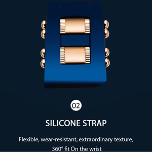 Detail of blue silicone watch strap with gold buckle showcasing flexible texture
