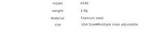 Detailed specifications table for titanium steel gold ring showing model weight and USA size