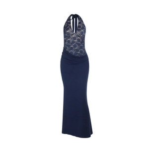 Detail of dark blue lace evening gown showing halter neckline and floral lace textures