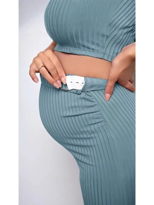 Maternity rib-knit crop top and pencil skirt set with adjustable elastic waistband