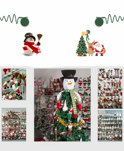 Detailed view of festive Christmas figurines and embroidered chair covers in the showroom