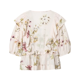 Floral print linen blend blouse with ruffled hem and puff sleeves for women