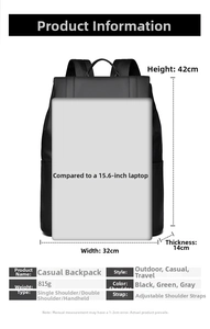 Detailed size chart for the casual backpack showing dimensions and laptop compatibility