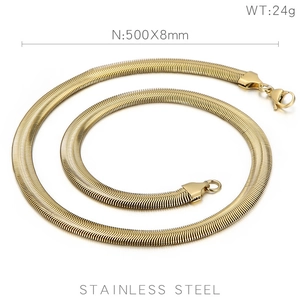 Detail of 8mm wide gold flat snake chain necklace made of durable stainless steel