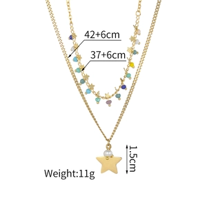 Detailed view of double-layer gold necklace with colorful beads and star pendant set