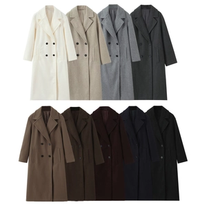 Women Elegant Long Woolen Coat Double Breasted Lapel Solid Color Autumn Winter Warm Outerwear Jacket With Pockets