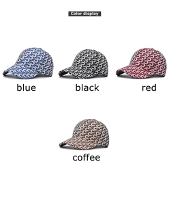 Detailed color display of baseball caps in blue black red and coffee with logo patterns