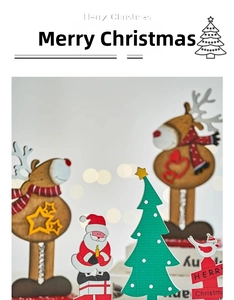 Macro detail of wooden Santa Claus and reindeer figurines for festive table decoration