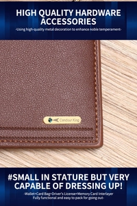 Detailed view of brown lychee leather wallet featuring card slots and gold logo plaque