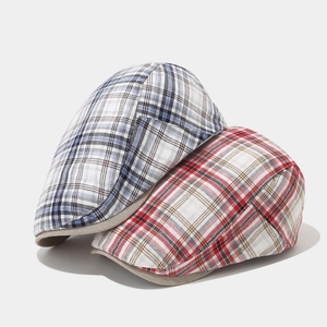 Classic plaid beret hats in blue and red patterns, British retro style flat caps for unisex
