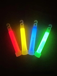 Detail view of emergency glow sticks in red, yellow, blue, and green with hook design