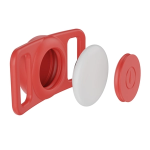 Exploded view of red silicone waterproof Airtag case showing inner shell and outer frame cover