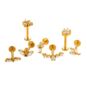 Set of 7 gold stainless steel flat back ear studs with zircon flower and crown designs