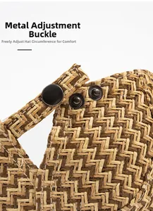 Detail of adjustable metal buckle on straw flat cap with textured woven fabric
