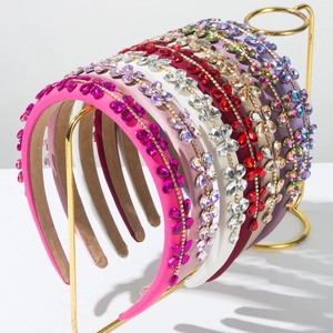 Baroque Sparkling Rhinestone Flower Padded Wide Headband For Women Satin Fabric Alloy Crystal Hair Hoop Party Hair Accessories