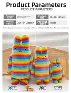 Three sizes of rainbow striped bunny plush pillows from fifty to one hundred centimeters