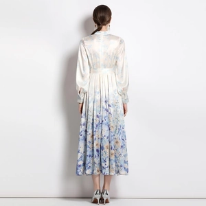 Vintage floral satin dress with lantern sleeves and back gradient detail in light blue