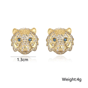 18K gold plated tiger head stud earrings with micro-set zircon and blue eye accents