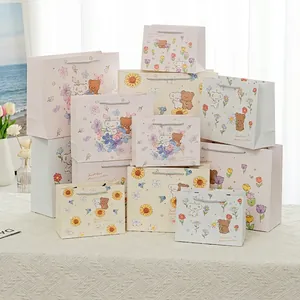 Cartoon Bear Flower Gift Bags Thickened Paper Handbags With Handle For Kids Birthday Party Cute Kawaii Shopping Bags