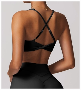 Détail d'un soutien-gorge de yoga noir à dos croisé avec fines bretelles réglables