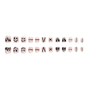 Set of 24 press-on nails featuring Halloween skull smileys and black flame patterns
