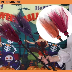 Φωτιζόμενη σκούπα μάγισσας Halloween με χρωματιστό δίχτυ και φώτα LED για πάρτι