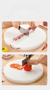 Close-up of double-sided PE cutting board with stainless handle for meat and vegetables