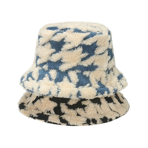 Winter plush bucket hat with houndstooth and mixed pattern for women's warm headwear